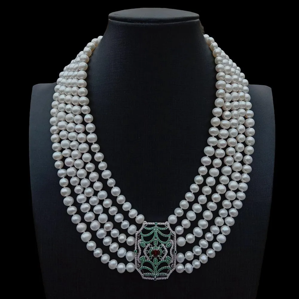 5 Strands Freshwater Cultured White Pearl Necklace Multi Color