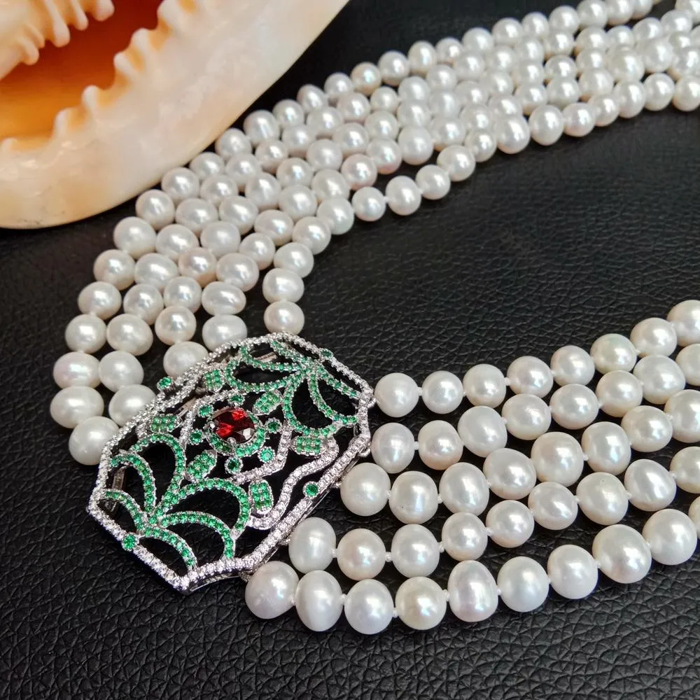 5 Strands Freshwater Cultured White Pearl Necklace Multi Color