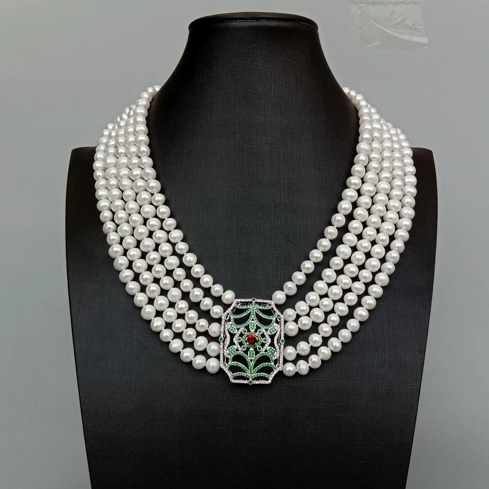 5 Strands Freshwater Cultured White Pearl Necklace Multi Color