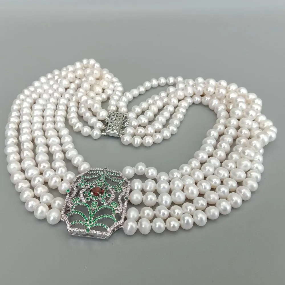 5 Strands Freshwater Cultured White Pearl Necklace Multi Color