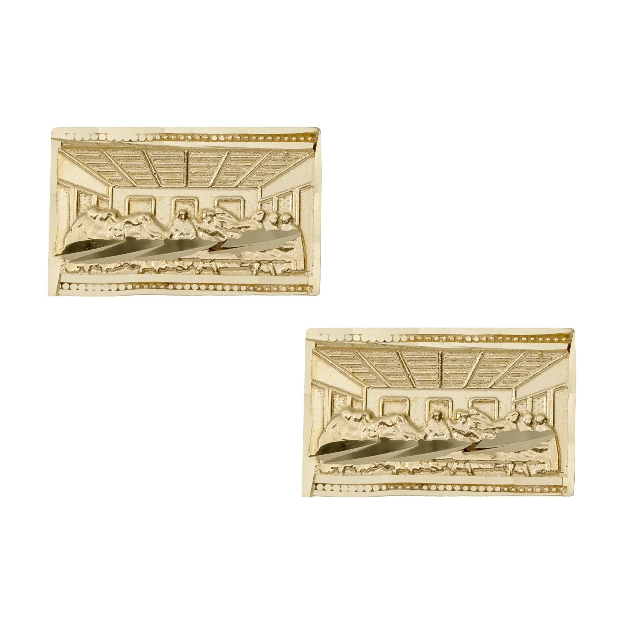 5/16" Rectangle Diamond Cut The Last Supper Stud Earrings Solid 10K Yellow Gold