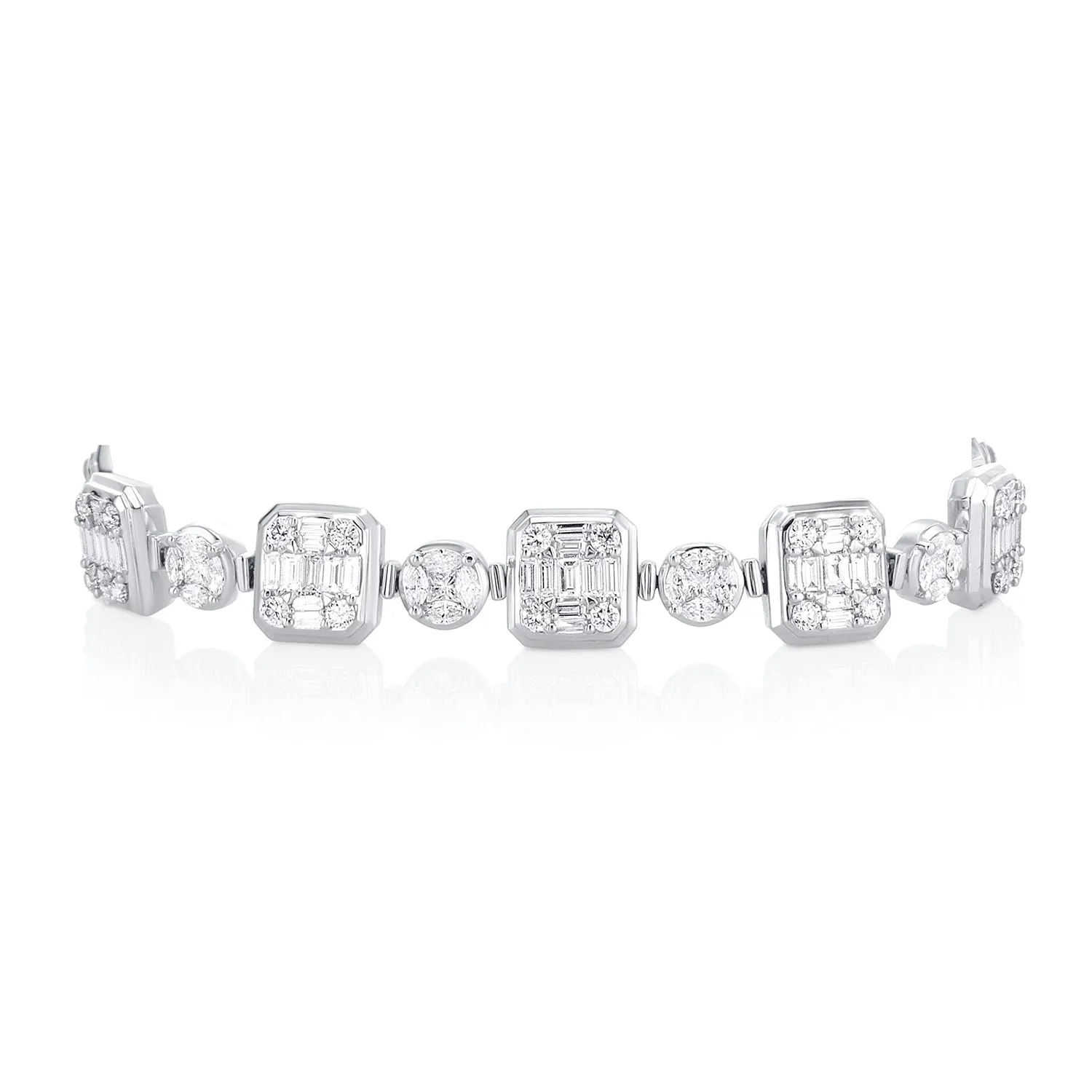 6.85 Carat  Square & Round Natural Diamond Cluster Bracelet in 18K White Gold