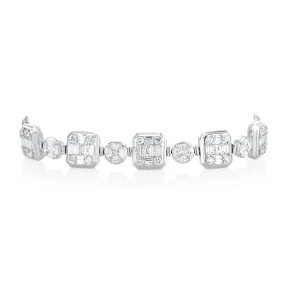 6.85 Carat  Square & Round Natural Diamond Cluster Bracelet in 18K White Gold