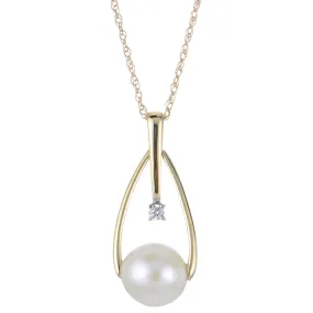7-7.5mm Freshwater Cultured Pearl and Diamond Accent Yellow Gold Pendant Necklace
