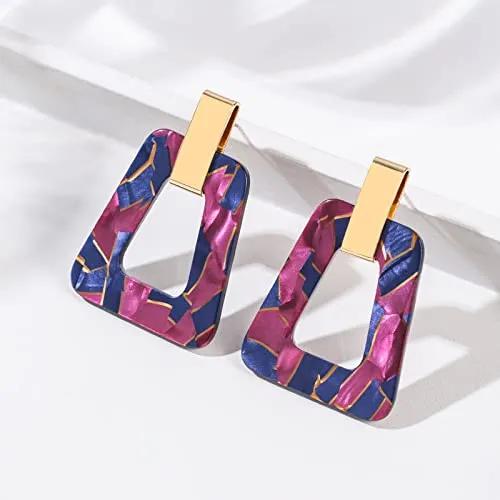 Acrylic Geometric Statement Earrings - Mottled Resin Lightweight Dangle Earrings for Party or Vacation (PURPLE)