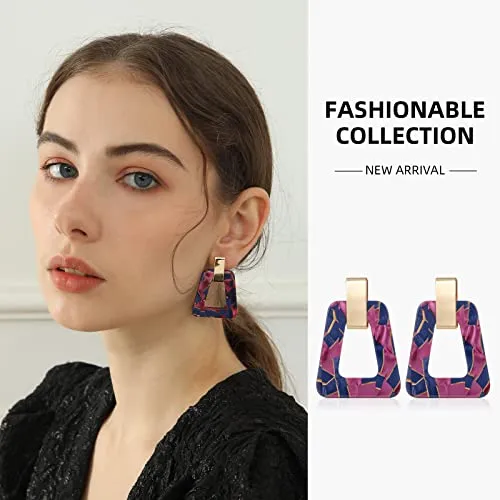 Acrylic Geometric Statement Earrings - Mottled Resin Lightweight Dangle Earrings for Party or Vacation (PURPLE)