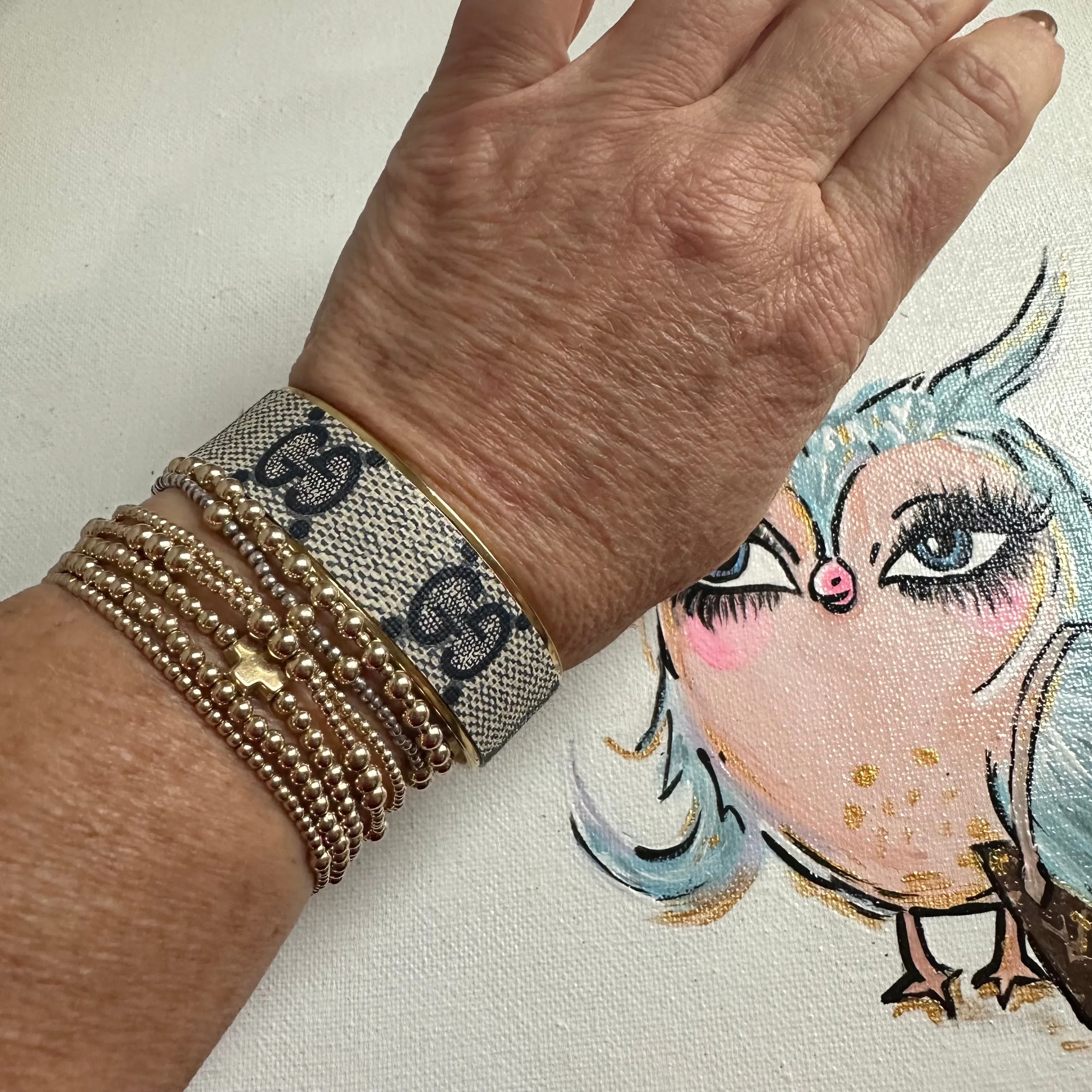Adjustable Bracelet Cuff in Upcycled Navy GG (Horizontal)