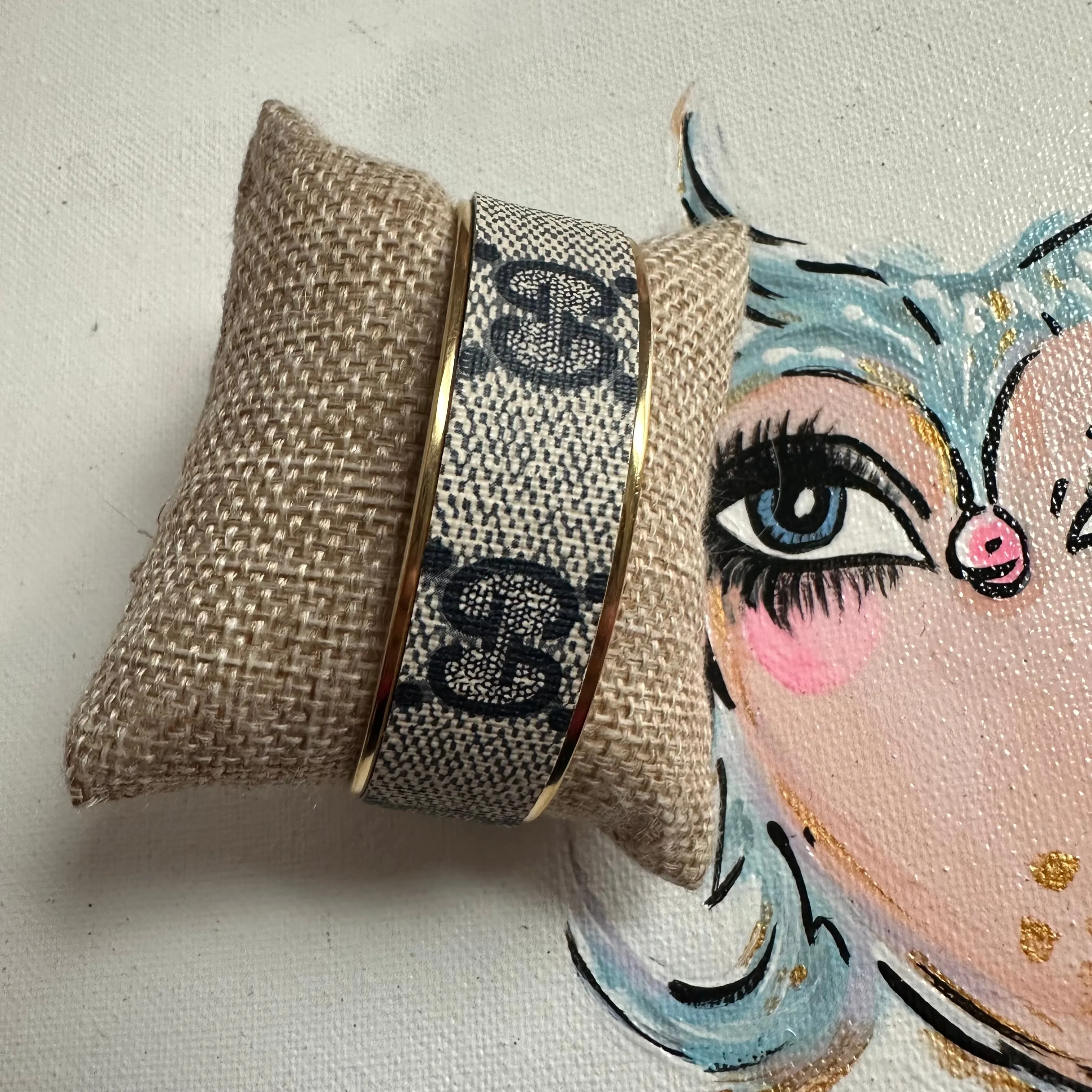 Adjustable Bracelet Cuff in Upcycled Navy GG (Horizontal)