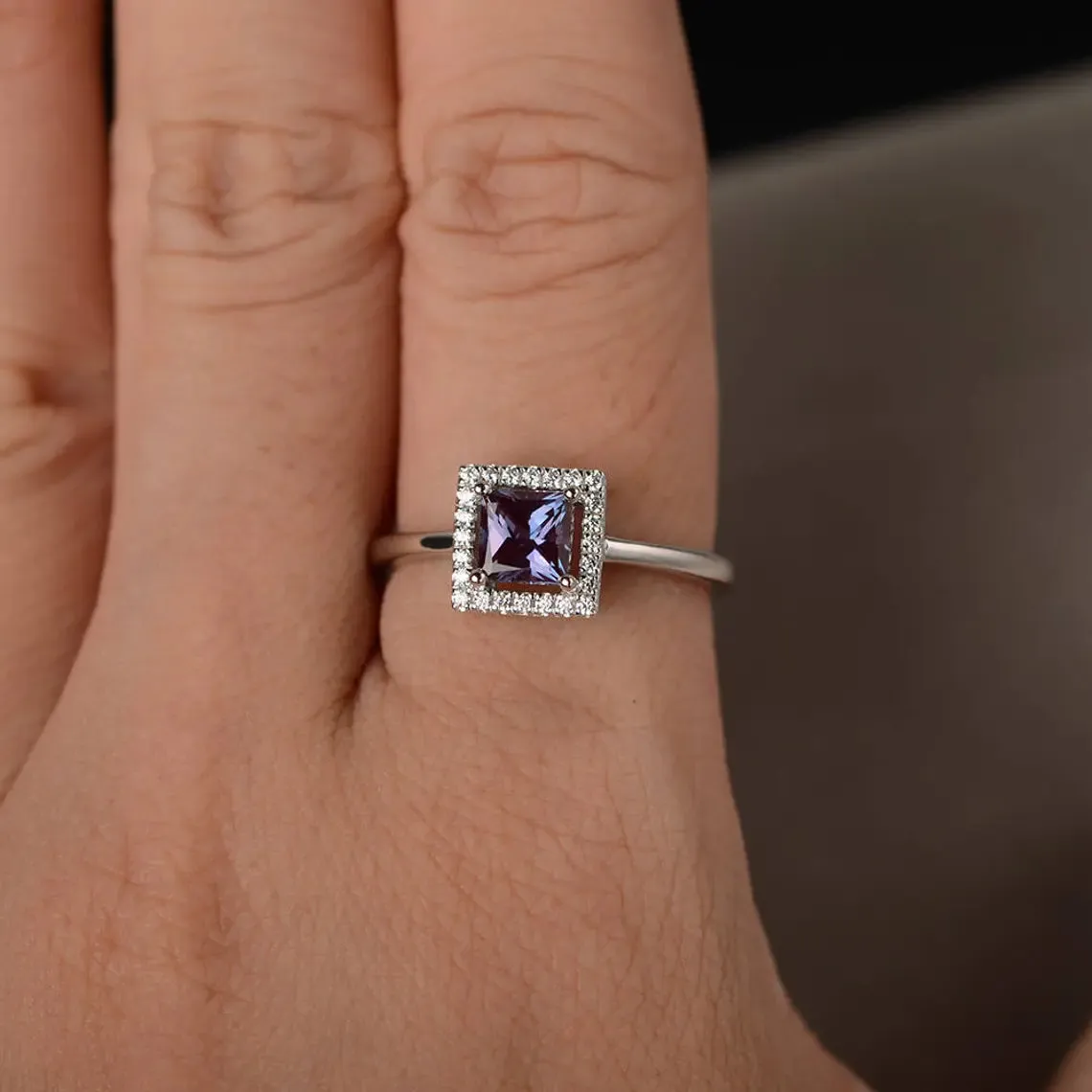 Alexandrite Halo Ring - 925 Solid Sterling Silver Ring