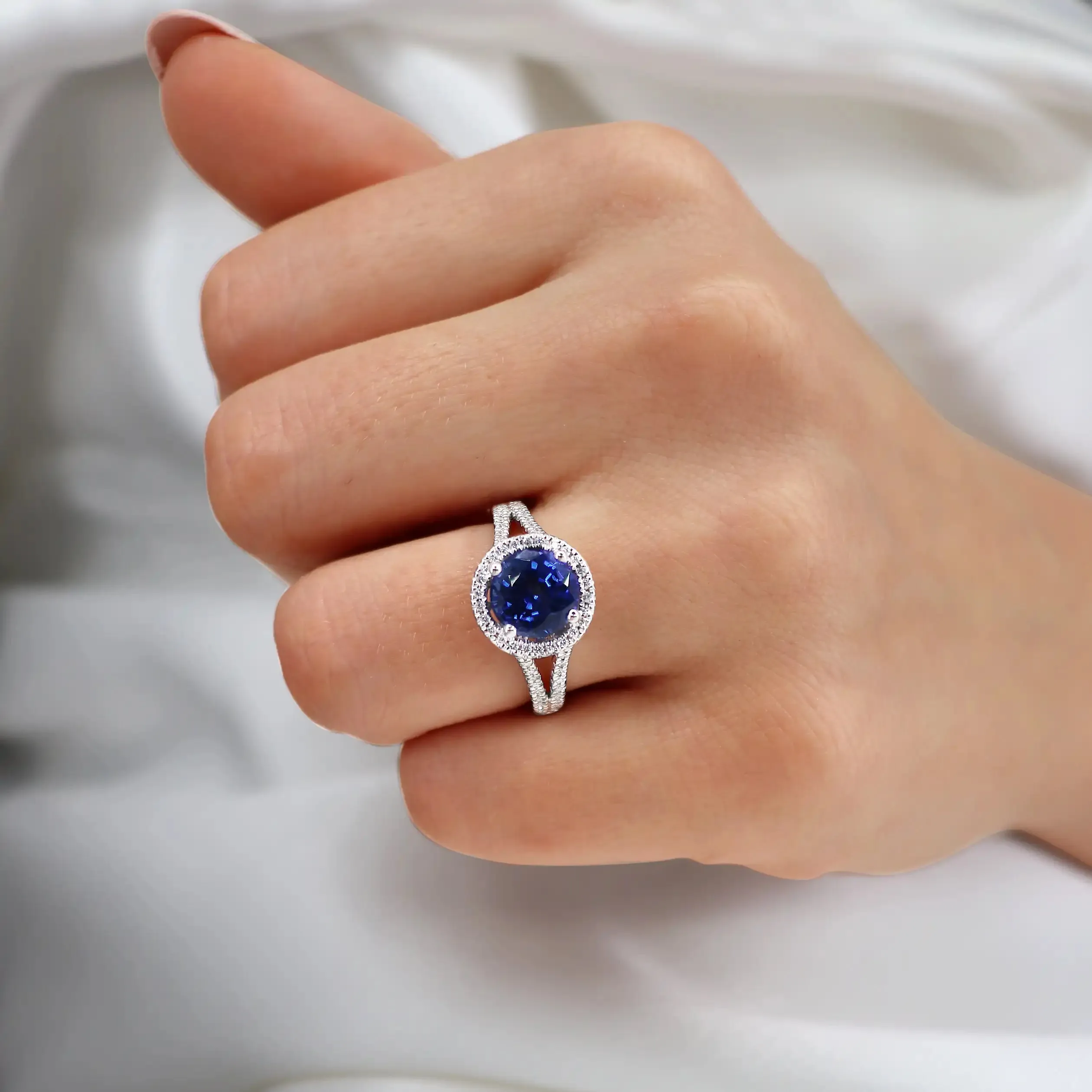 AMELIA - Chatham® Lab Grown Blue Sapphire & Diamond 18k White Gold Halo Ring