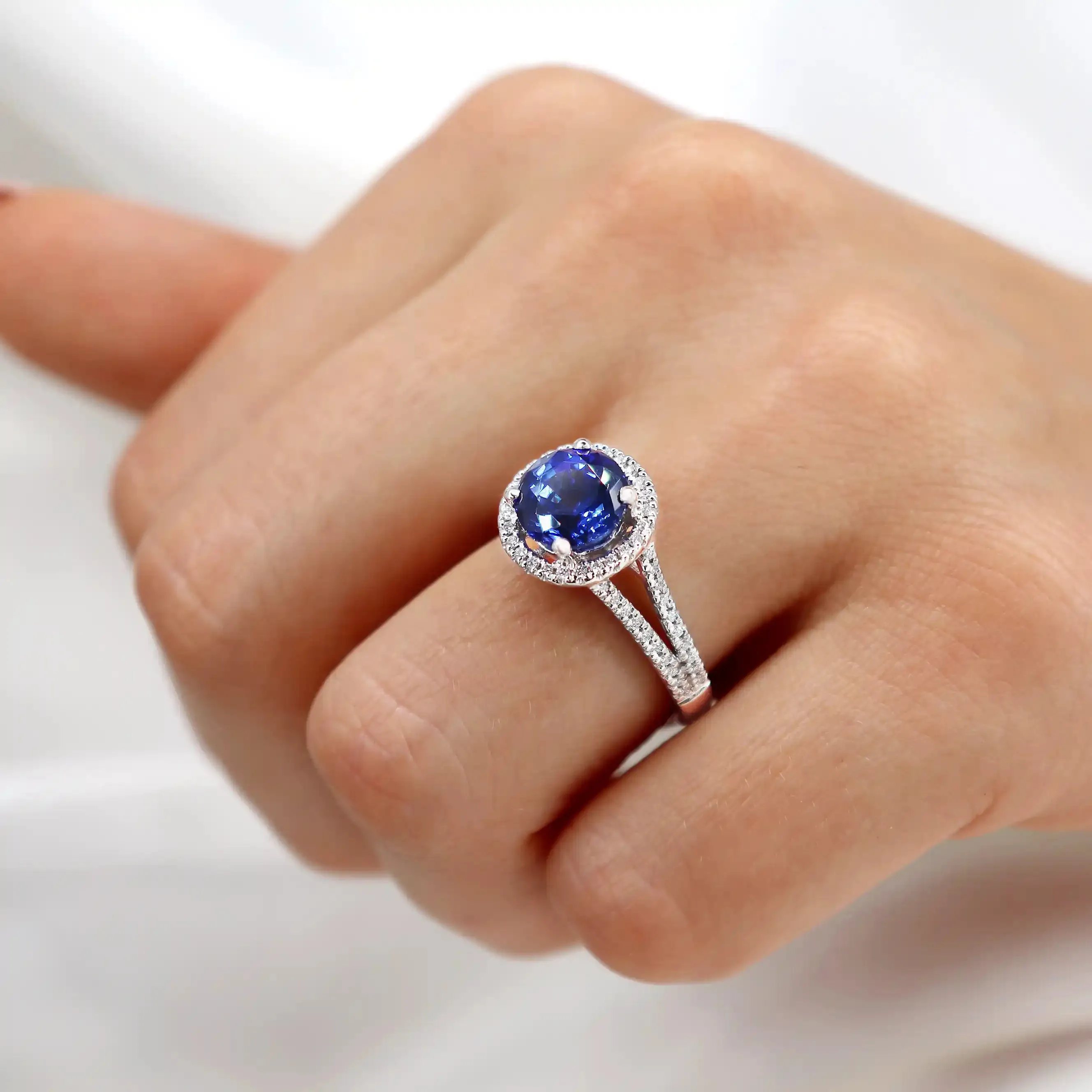 AMELIA - Chatham® Lab Grown Blue Sapphire & Diamond 18k White Gold Halo Ring