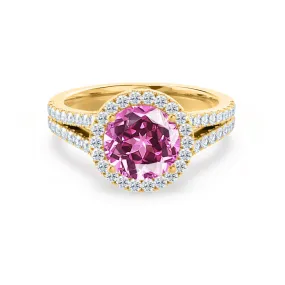 AMELIA - Chatham® Lab Grown Pink Sapphire & Diamond 18k Yellow Gold Halo Ring