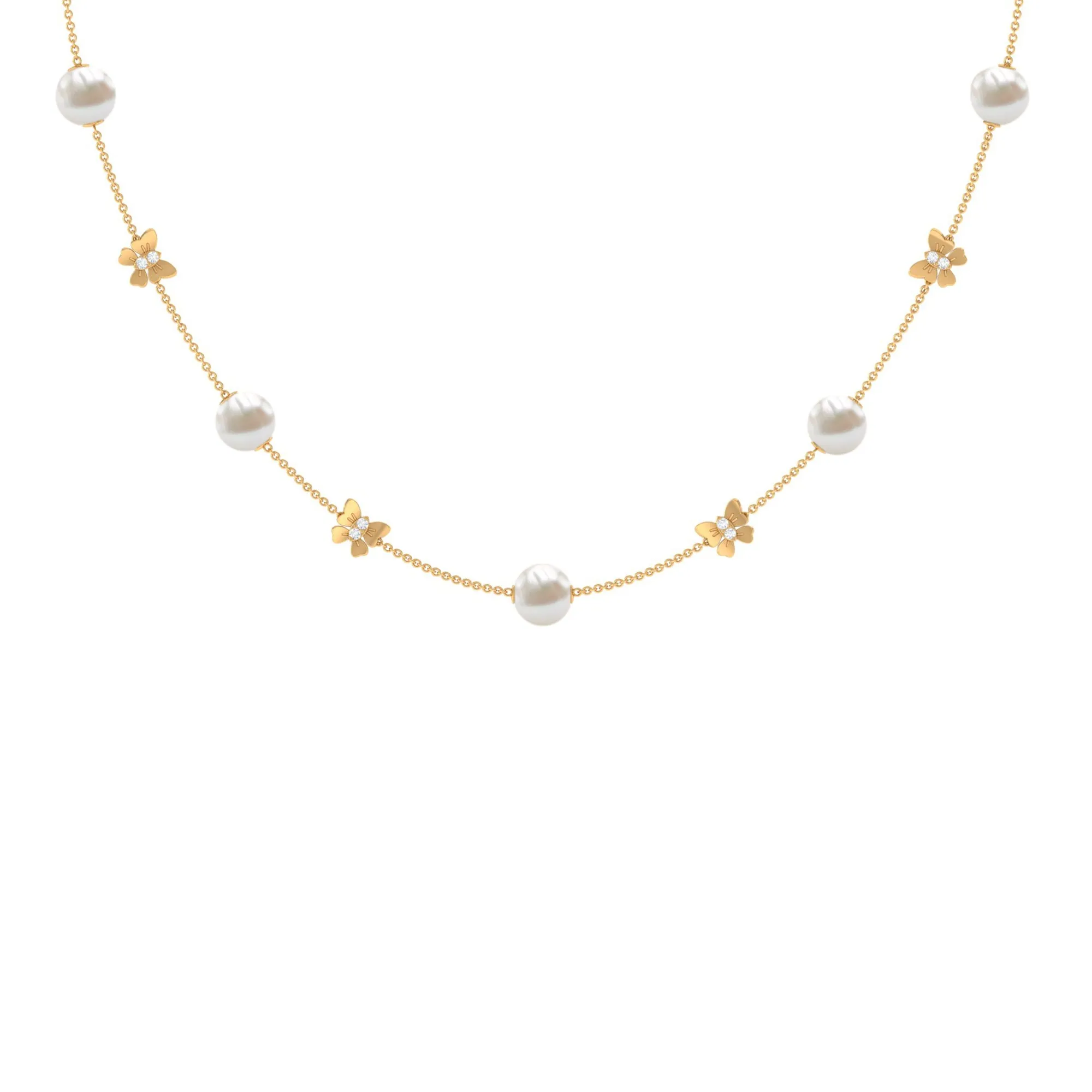 Animal Inspired Freshwater Pearl Station Chain Necklace with Diamond