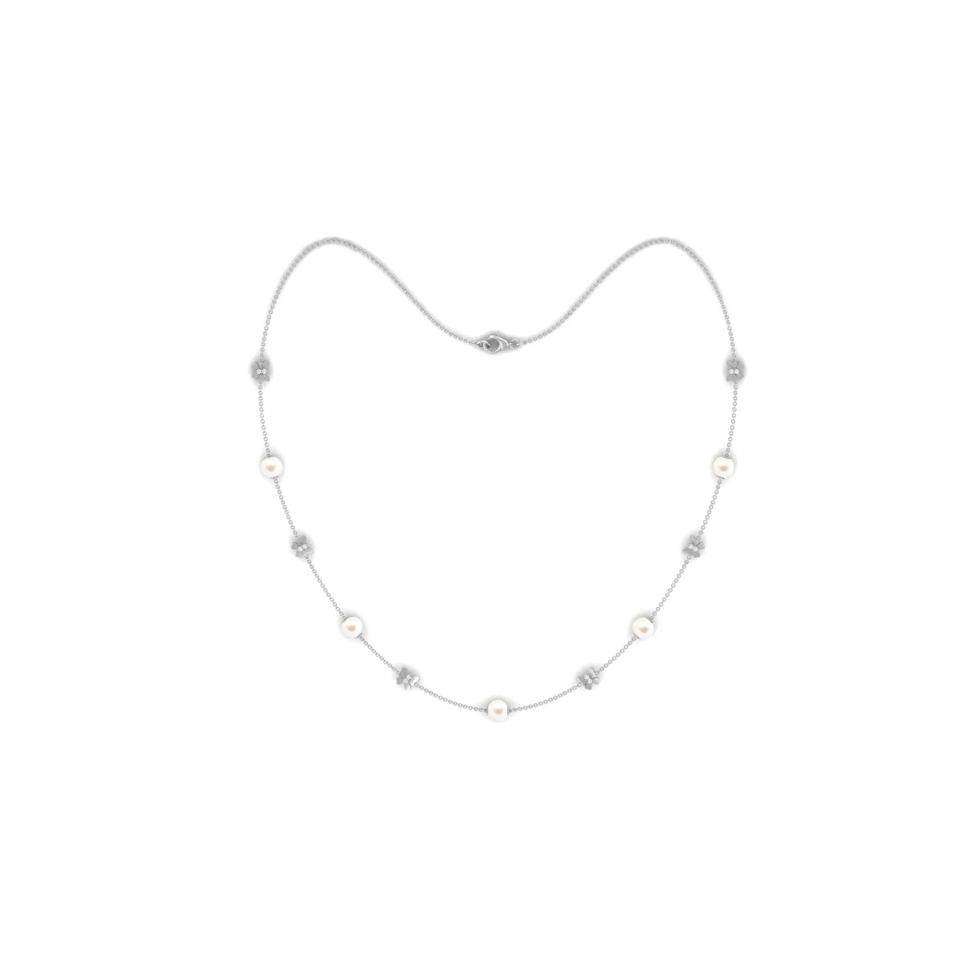 Animal Inspired Freshwater Pearl Station Chain Necklace with Diamond