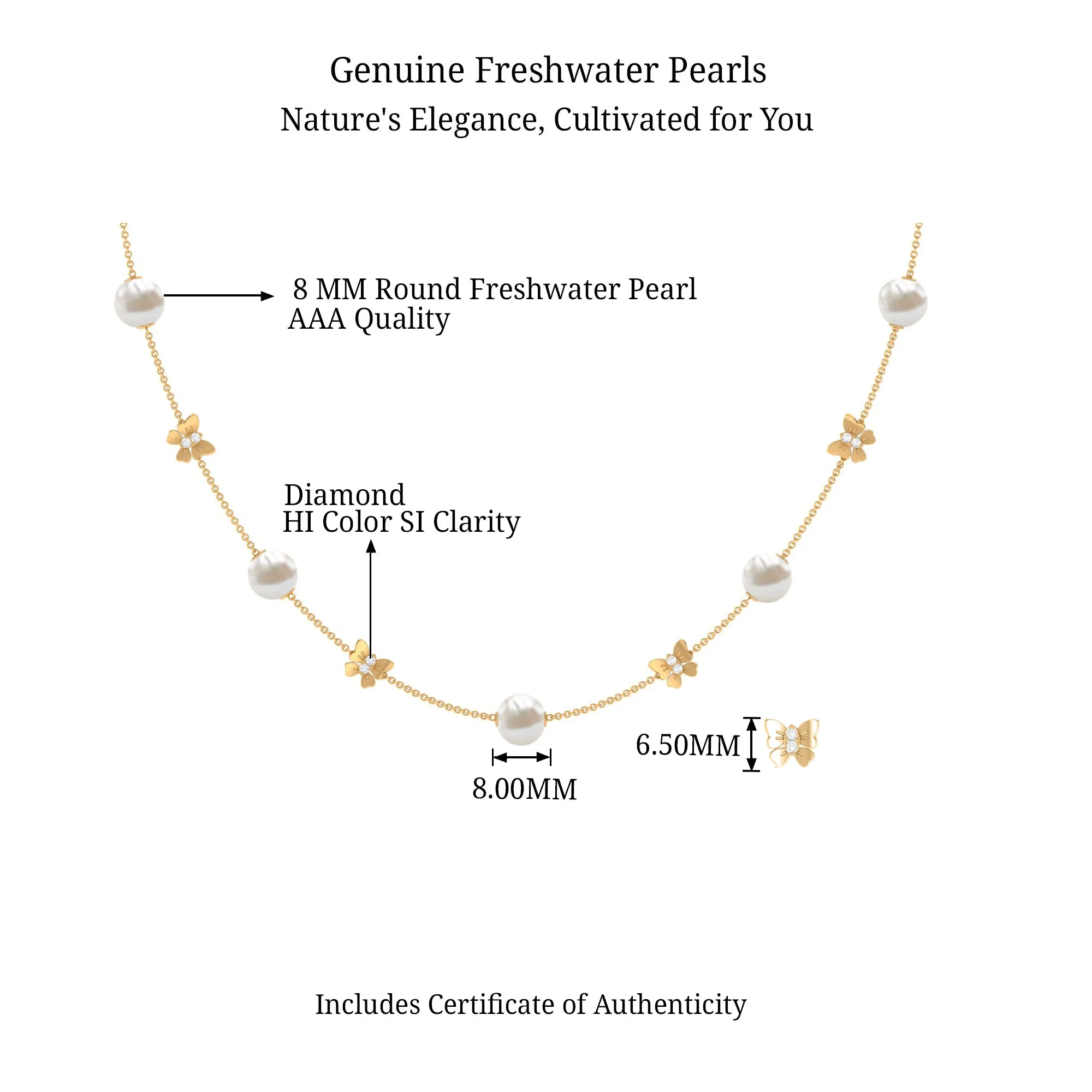 Animal Inspired Freshwater Pearl Station Chain Necklace with Diamond