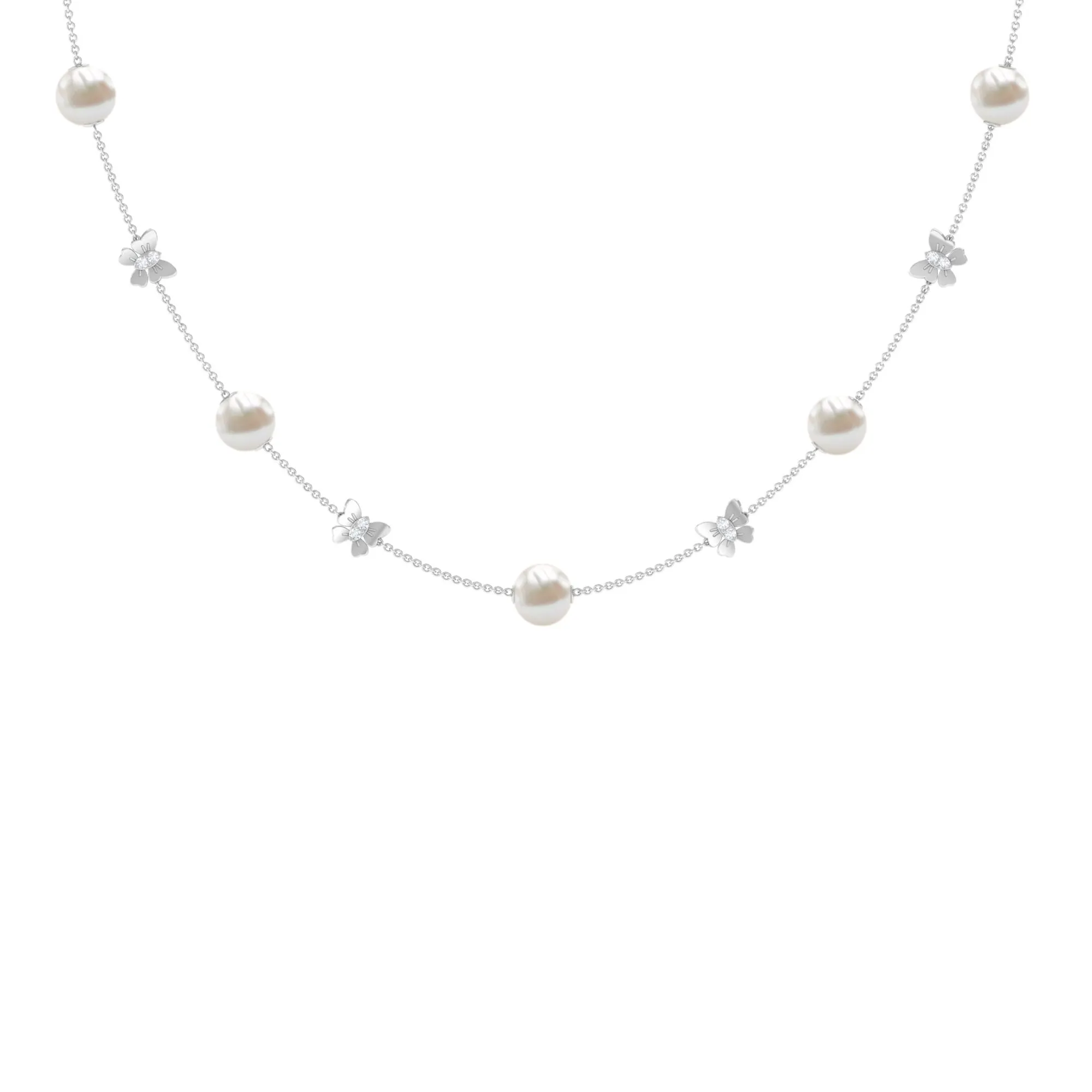 Animal Inspired Freshwater Pearl Station Chain Necklace with Diamond