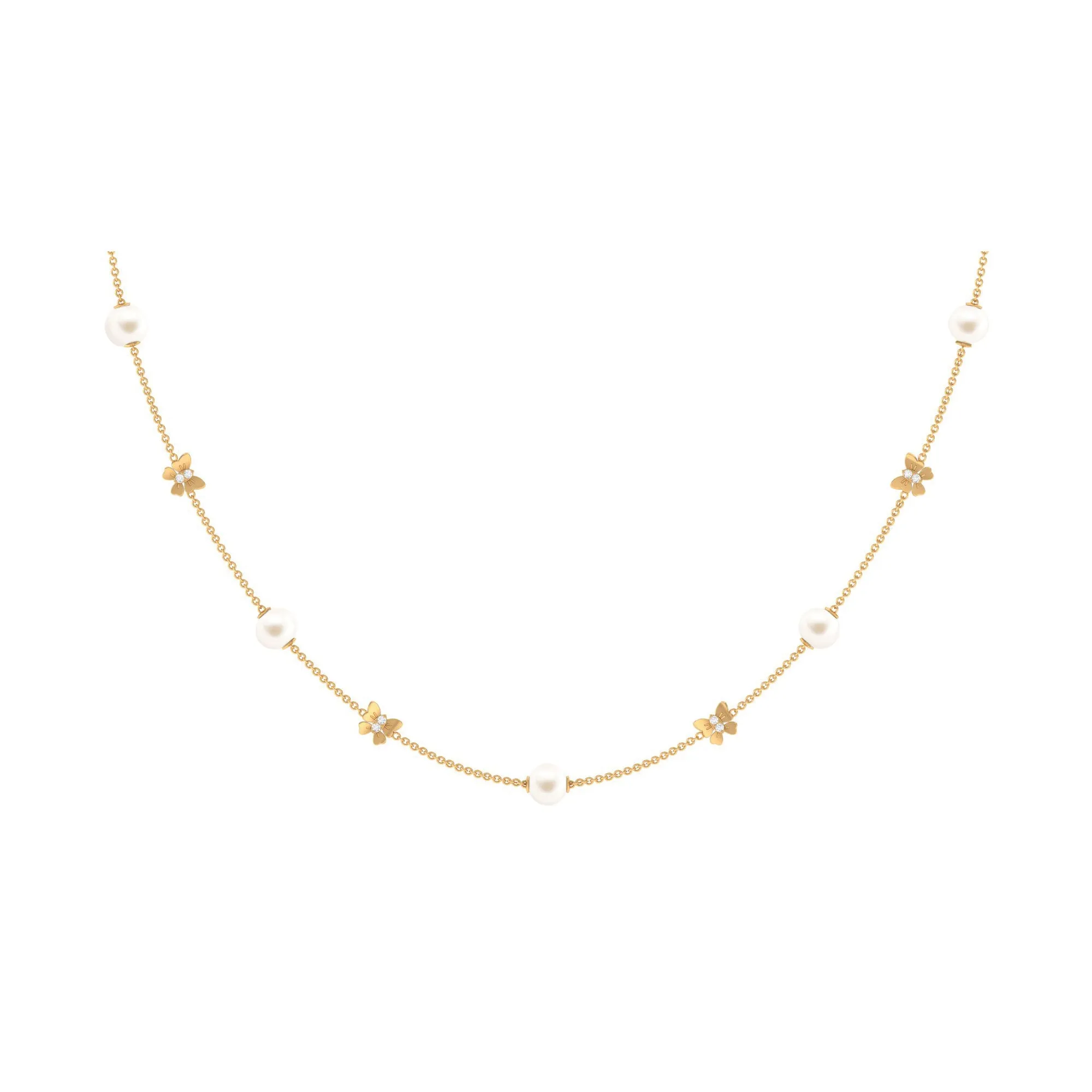Animal Inspired Freshwater Pearl Station Chain Necklace with Diamond