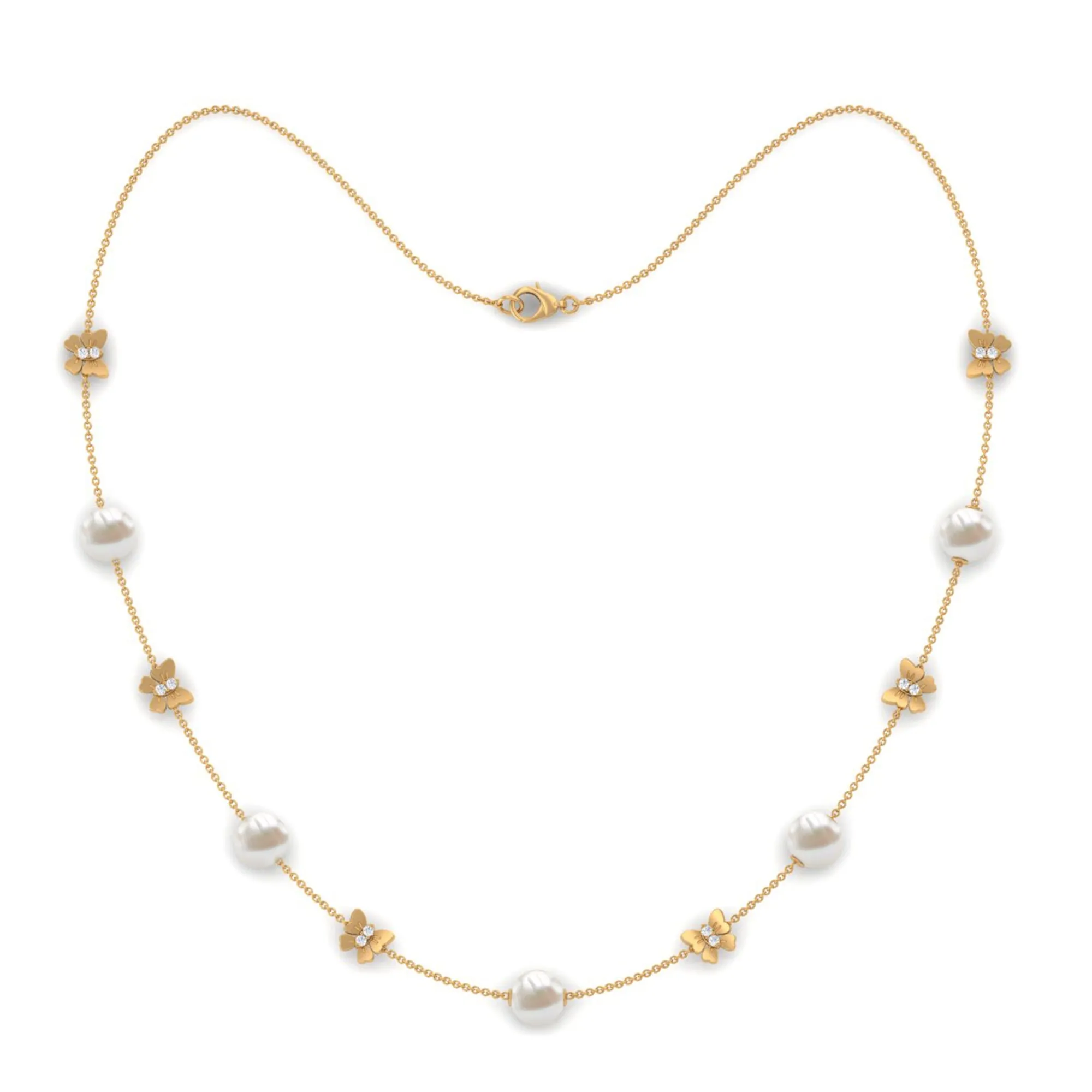 Animal Inspired Freshwater Pearl Station Chain Necklace with Diamond
