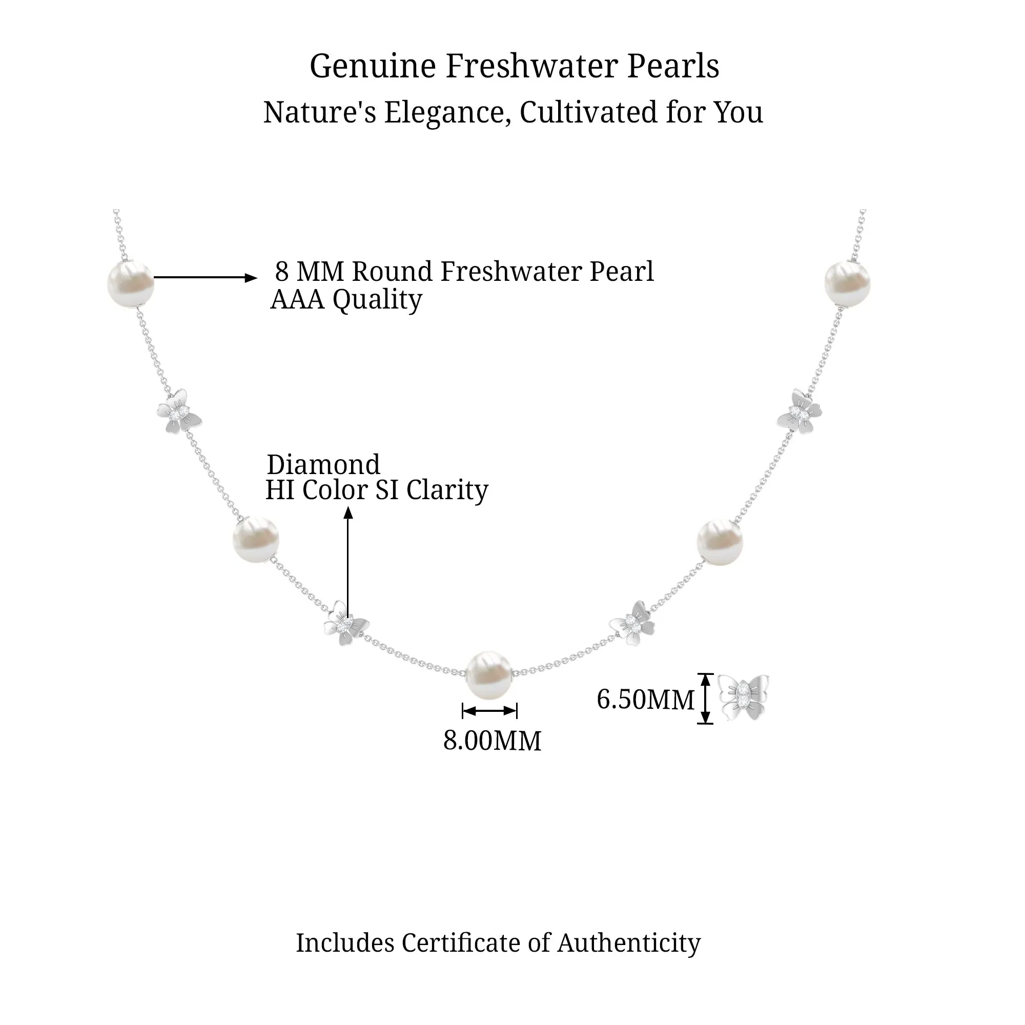 Animal Inspired Freshwater Pearl Station Chain Necklace with Diamond