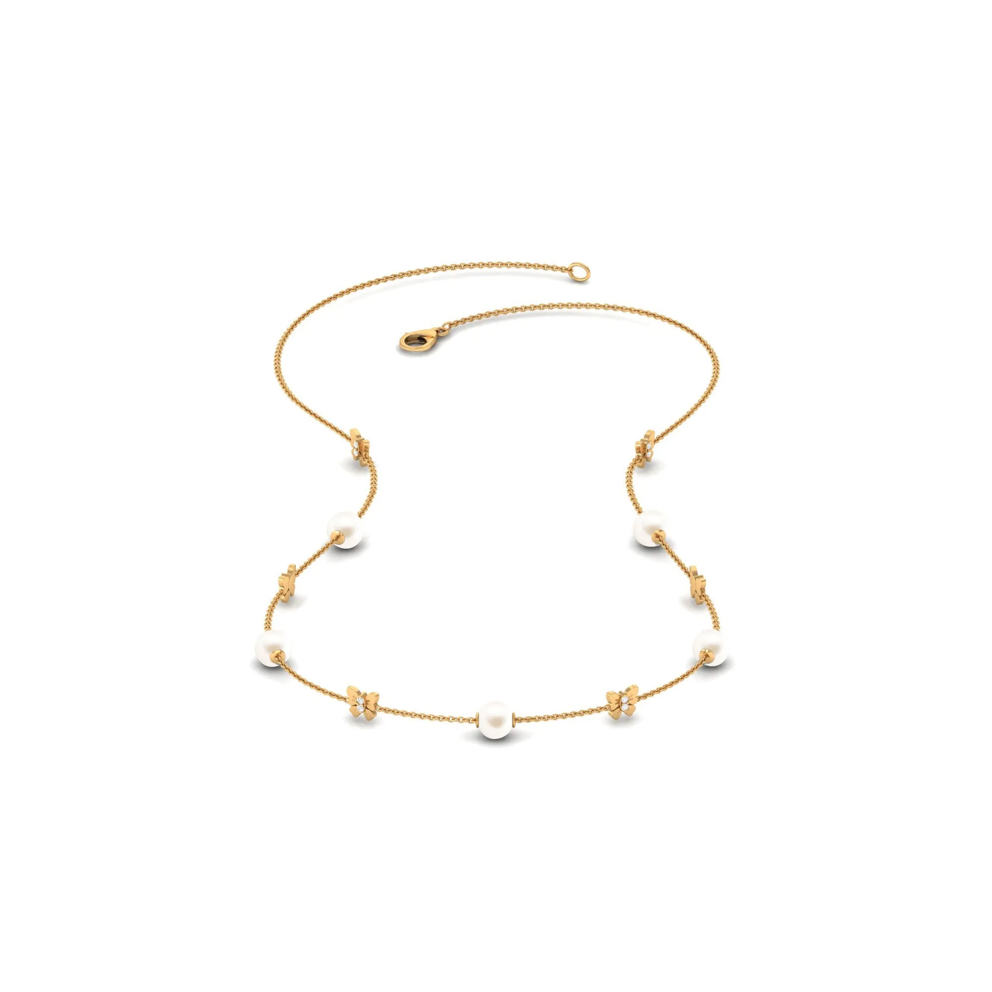 Animal Inspired Freshwater Pearl Station Chain Necklace with Diamond