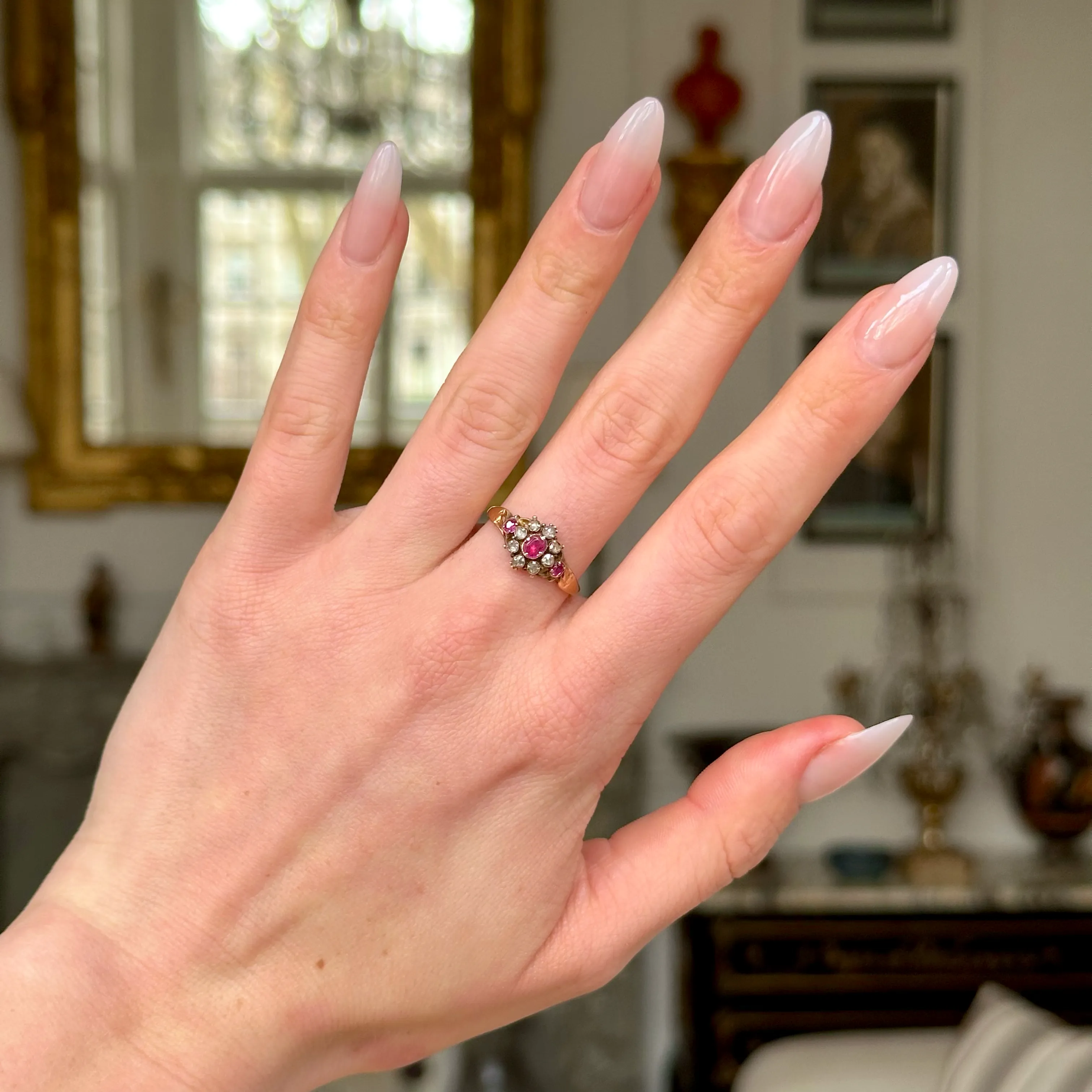 Antique, early Victorian ruby & diamond cluster ring