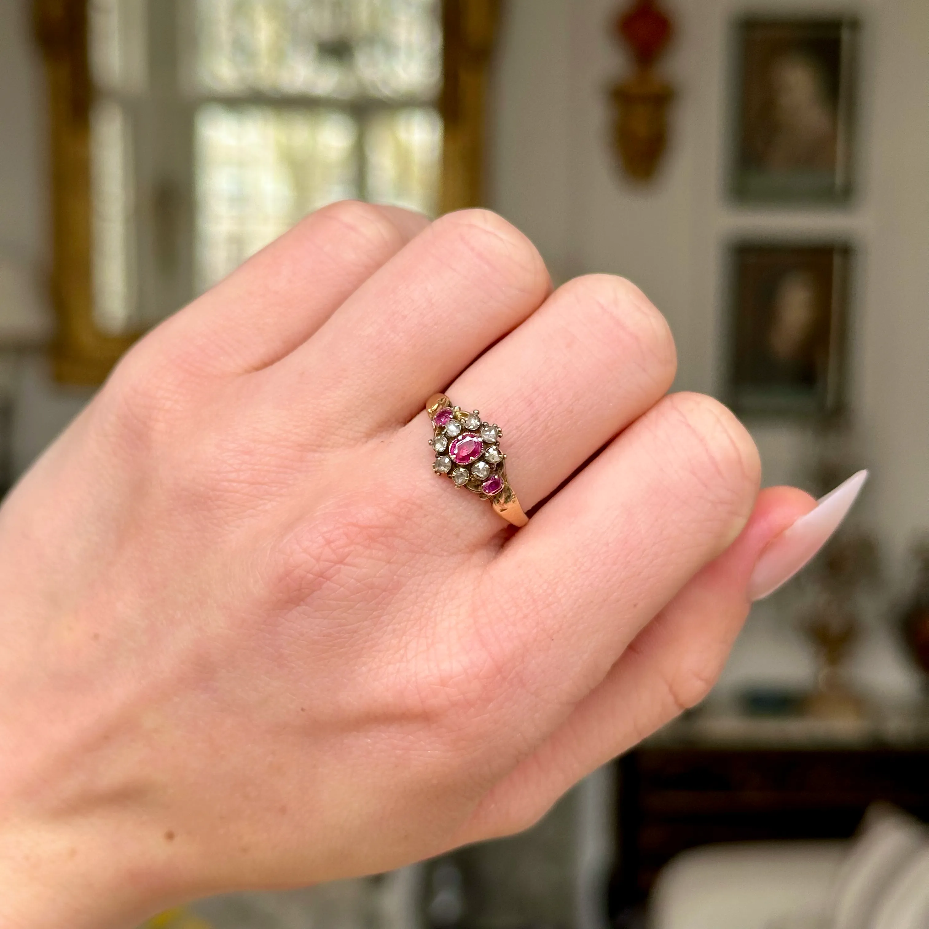 Antique, early Victorian ruby & diamond cluster ring