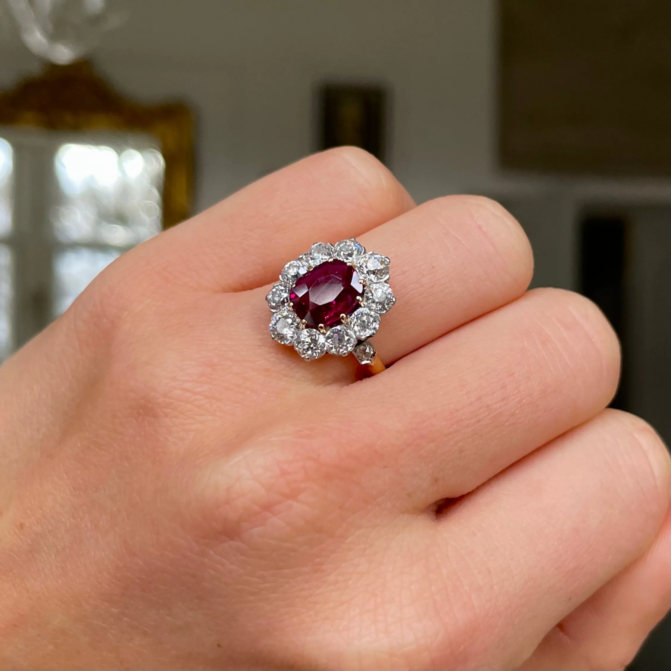 Antique, French, ruby & diamond cluster engagement ring