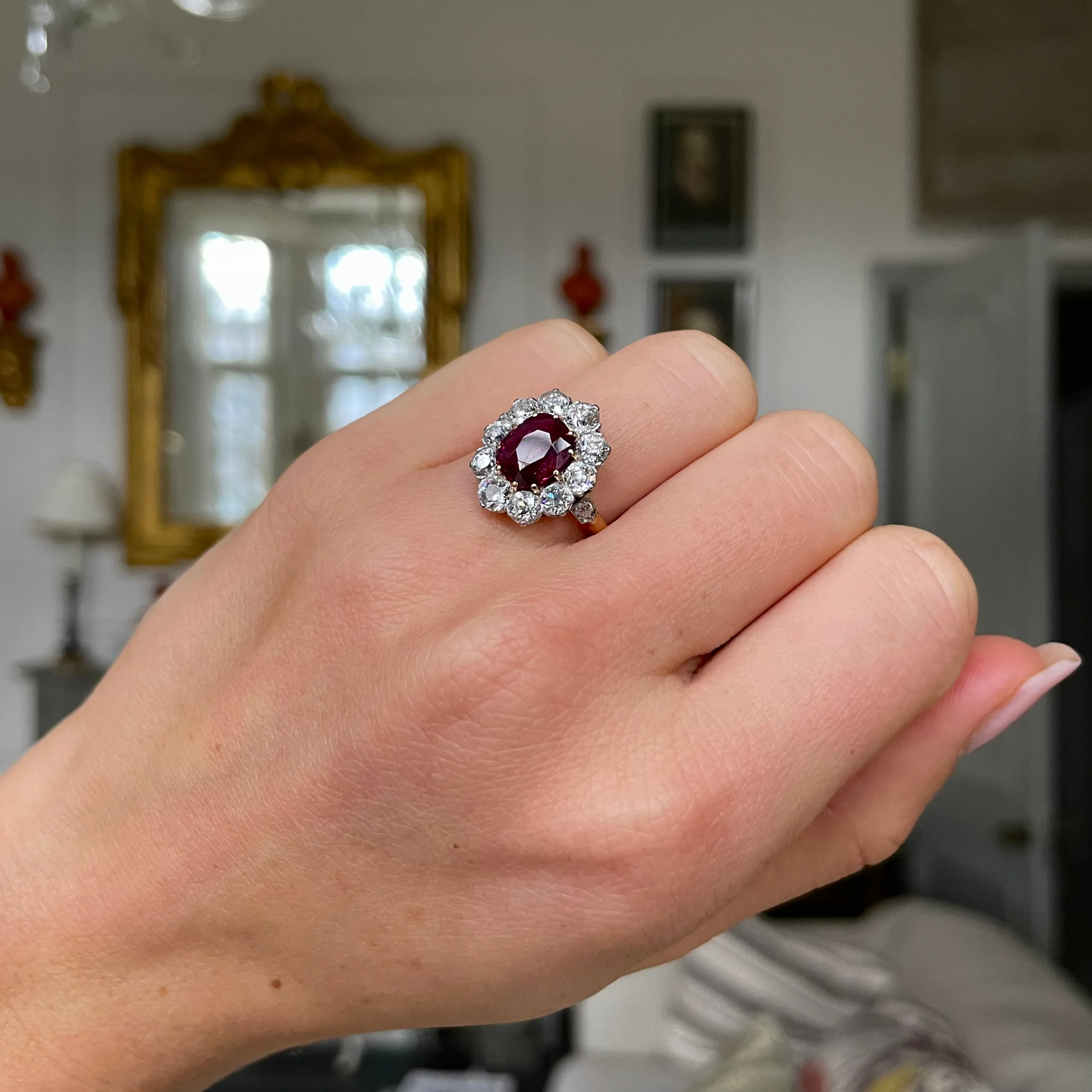 Antique, French, ruby & diamond cluster engagement ring