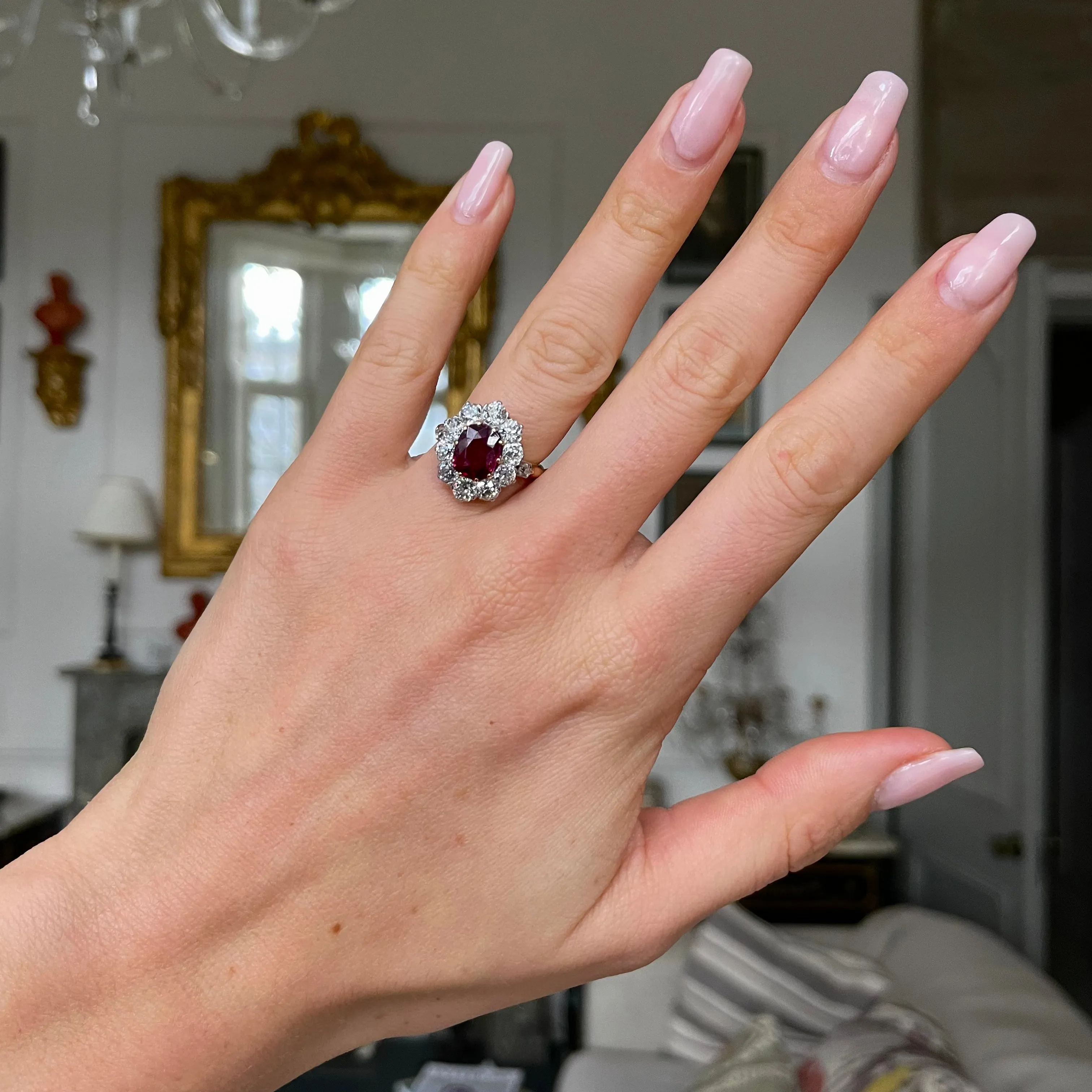 Antique, French, ruby & diamond cluster engagement ring