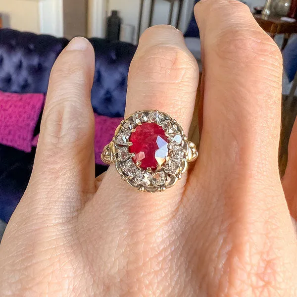Antique Ruby (no heat) & Old Mine Cut Diamond Ring, 3.10ct.