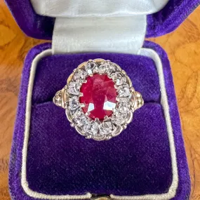 Antique Ruby (no heat) & Old Mine Cut Diamond Ring, 3.10ct.