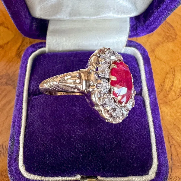 Antique Ruby (no heat) & Old Mine Cut Diamond Ring, 3.10ct.