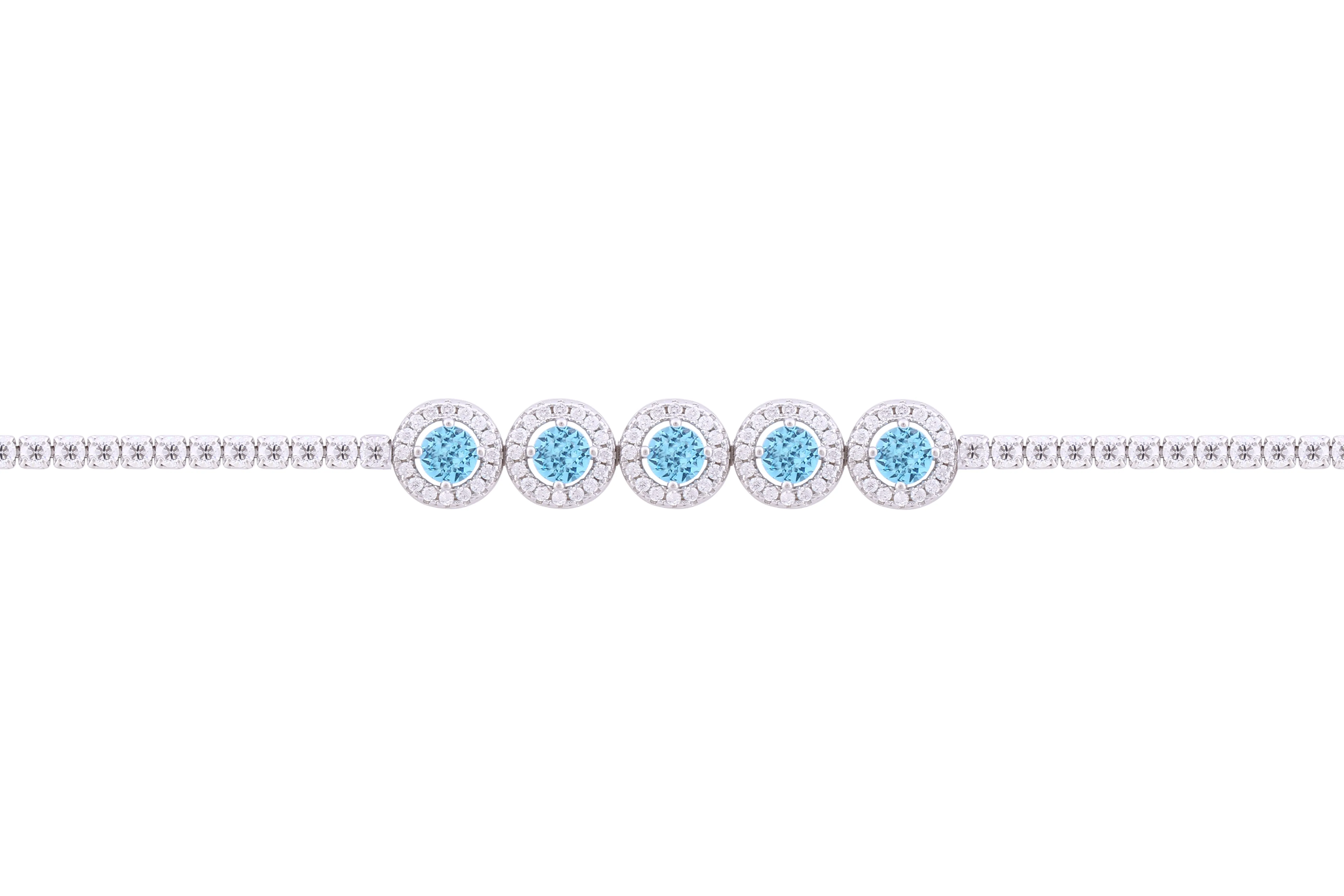 Asfour Crystal Tennis Bracelet Inlaid With Round Cut Aquamarine Zircon In 925 Sterling Silver-BM0052-WM