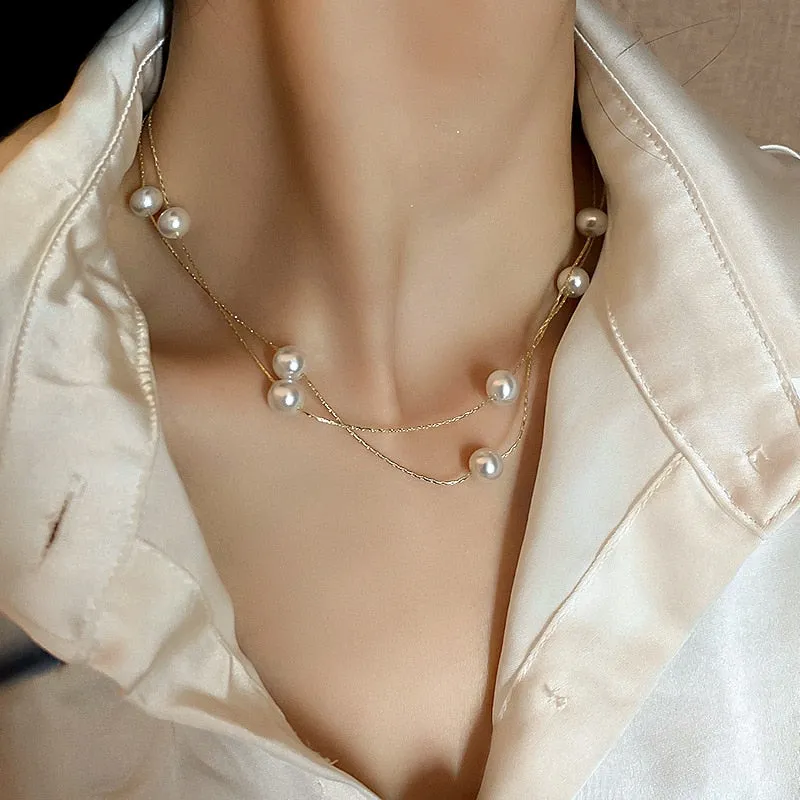 Beads Women's Neck Chain Kpop Pearl Choker Necklace Gold Color Jewelry On The Neck Pendant