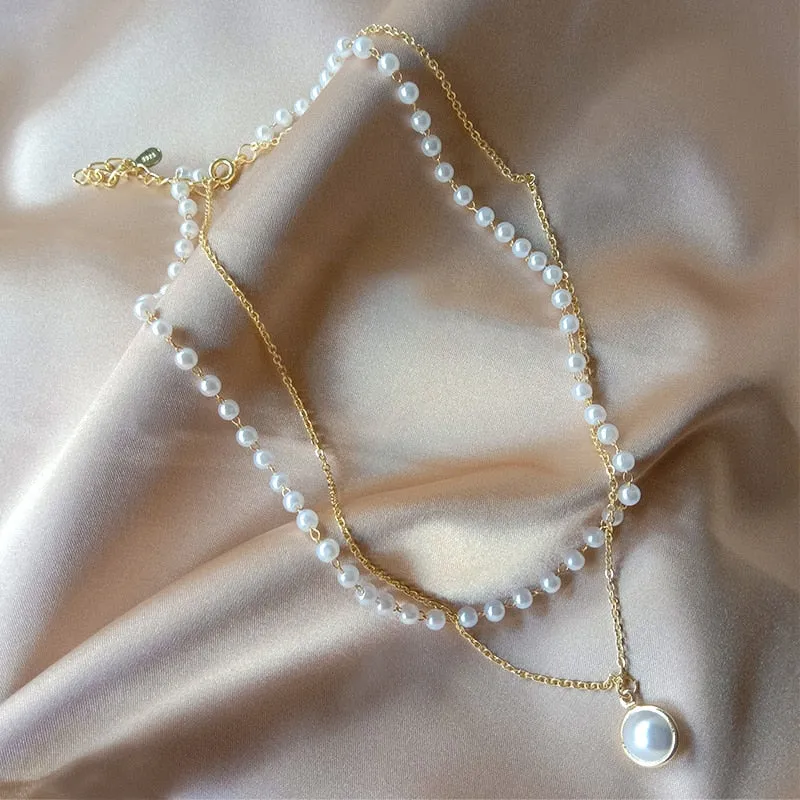 Beads Women's Neck Chain Kpop Pearl Choker Necklace Gold Color Jewelry On The Neck Pendant
