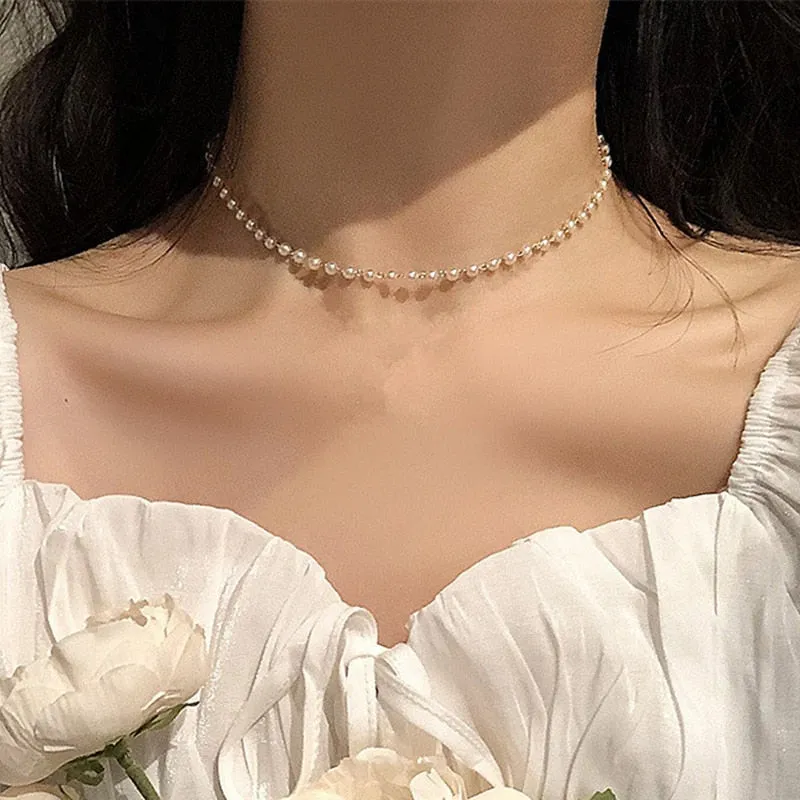 Beads Women's Neck Chain Kpop Pearl Choker Necklace Gold Color Jewelry On The Neck Pendant