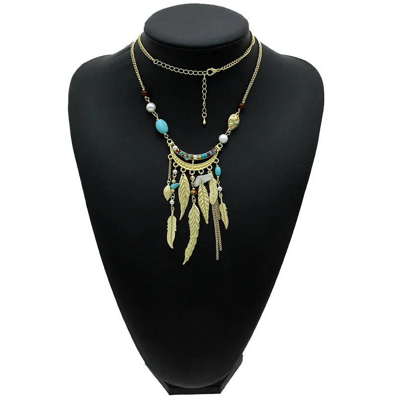 Bohemia Leaves Tassel Long Necklace For Women Golden Chain Bead Simple Necklaces & Pendants Collier Bosewin Jewelry