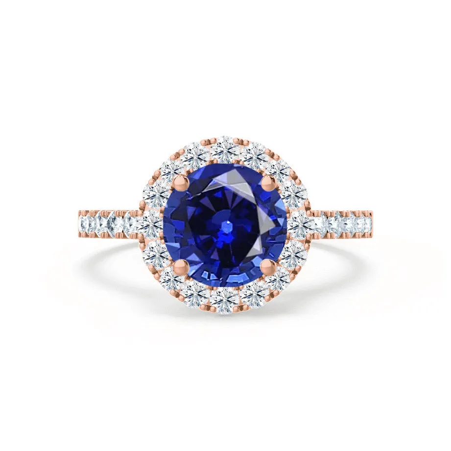 CECILY - Chatham® Lab Grown Blue Sapphire & Diamond 18k Rose Gold Halo Ring