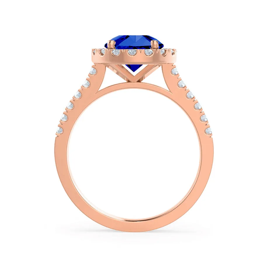 CECILY - Chatham® Lab Grown Blue Sapphire & Diamond 18k Rose Gold Halo Ring