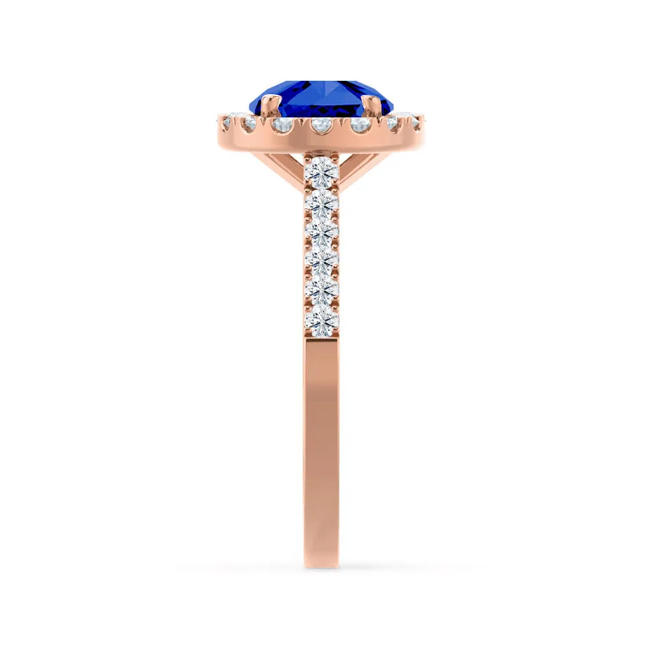 CECILY - Chatham® Lab Grown Blue Sapphire & Diamond 18k Rose Gold Halo Ring