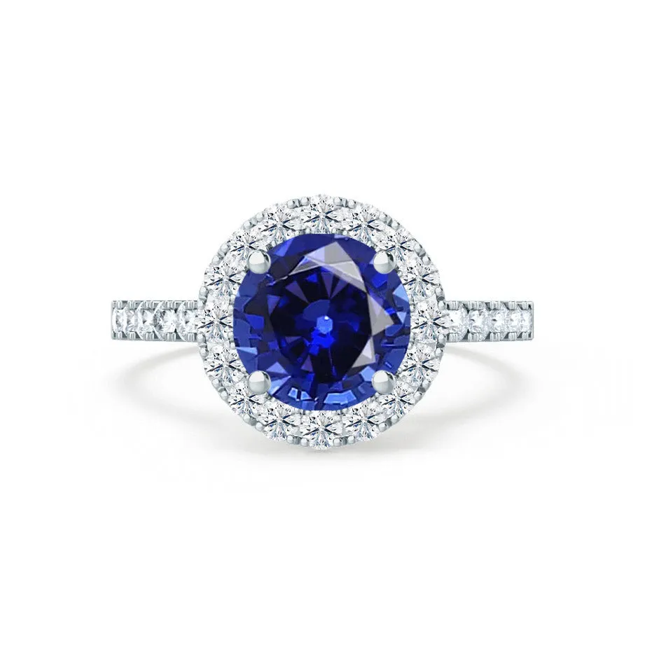 CECILY - Chatham® Lab Grown Blue Sapphire & Diamond Platinum Halo Ring