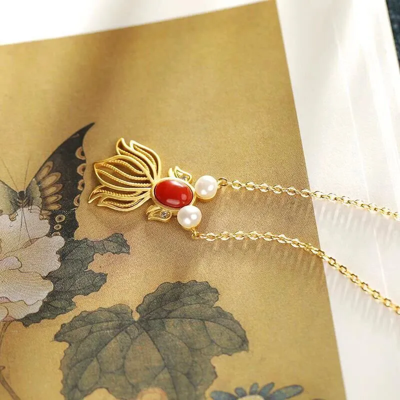 Classical exquisite southern red tourmaline pearl small goldfish pendant