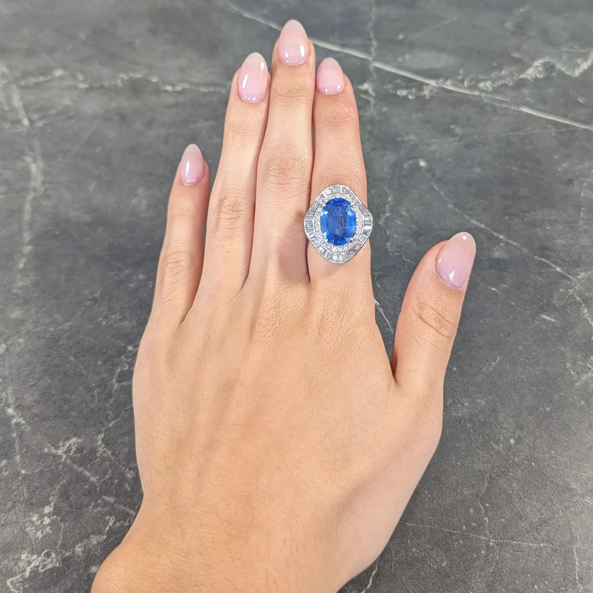 Contemporary 10.61 CTW Ceylon Sapphire Diamond Platinum Double Ballerina Halo Ring GIA