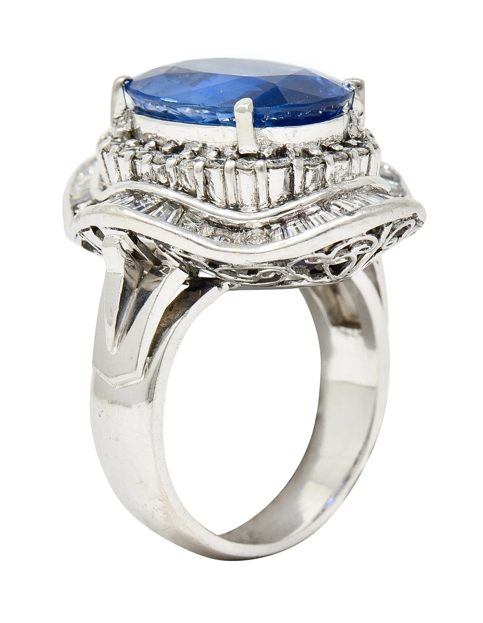 Contemporary 10.61 CTW Ceylon Sapphire Diamond Platinum Double Ballerina Halo Ring GIA
