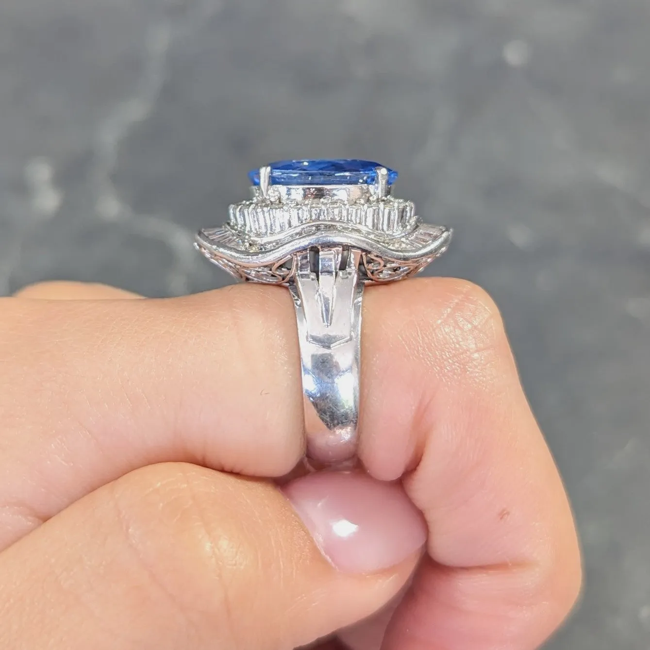 Contemporary 10.61 CTW Ceylon Sapphire Diamond Platinum Double Ballerina Halo Ring GIA