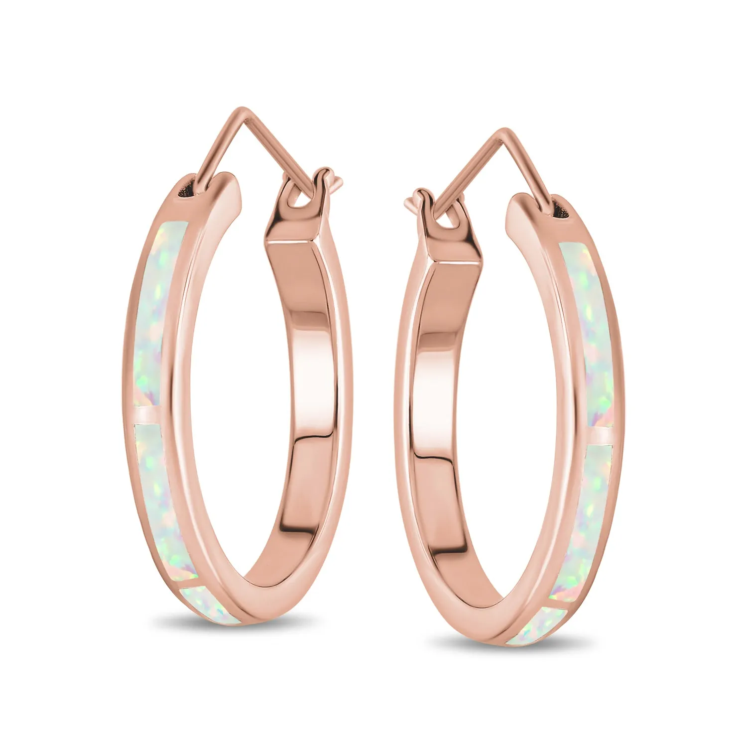 Created White Blue Opal Inlay Hoop Huggie Earrings Rose Sterling Silver