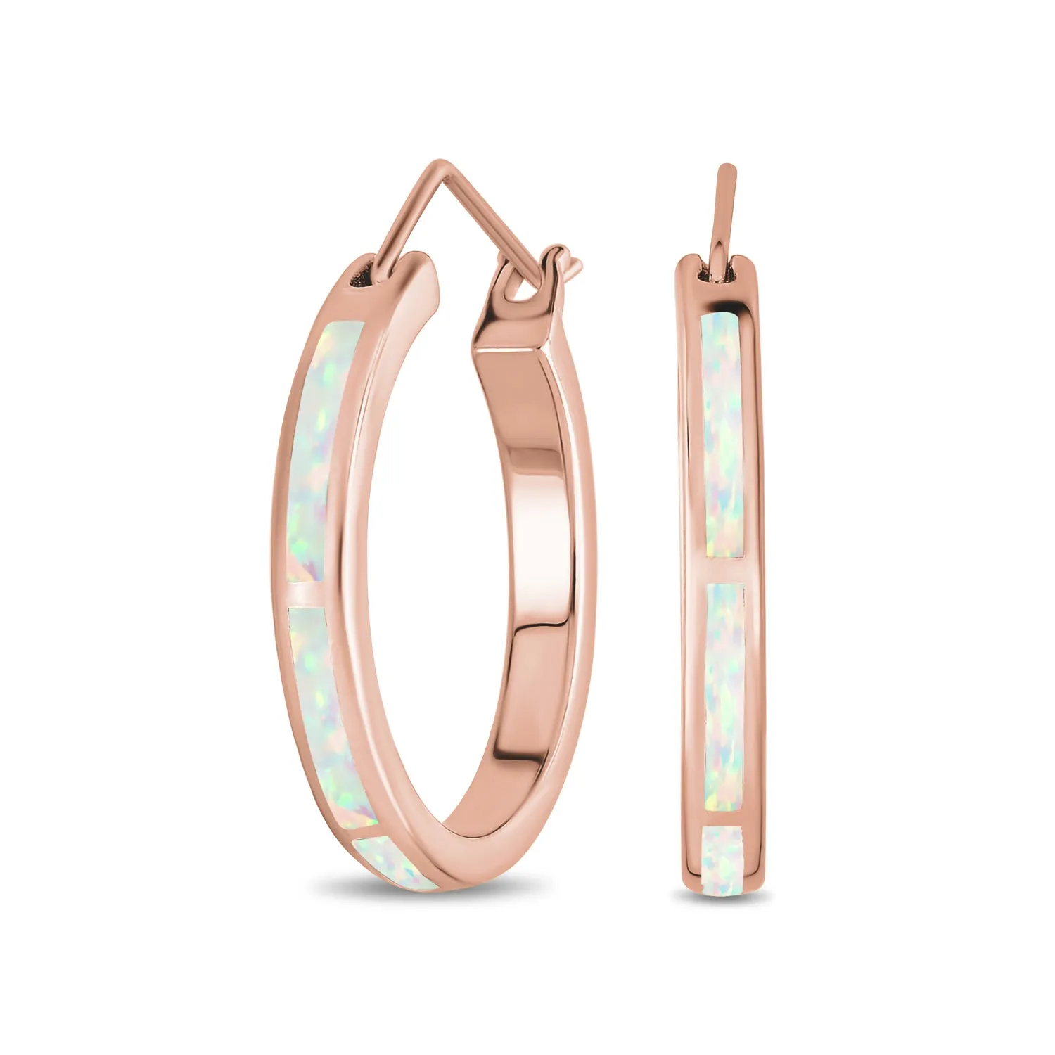 Created White Blue Opal Inlay Hoop Huggie Earrings Rose Sterling Silver