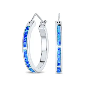 Created White Blue Opal Inlay Hoop Huggie Earrings Rose Sterling Silver