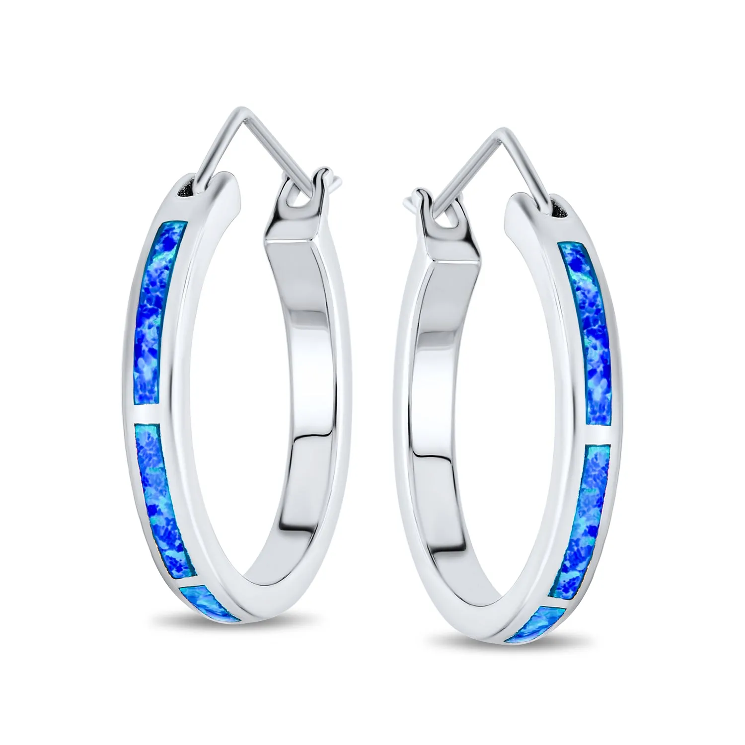 Created White Blue Opal Inlay Hoop Huggie Earrings Rose Sterling Silver
