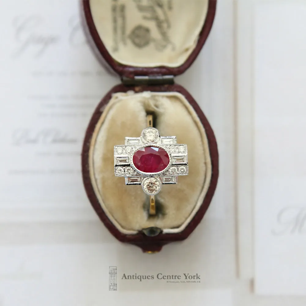 Deco Style 18ct Ruby & Diamond Cluster Ring